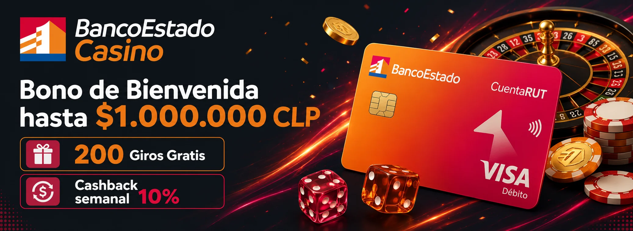 Bono de bienvenida 100% hasta $1.000.000 CLP con 200 giros gratis — BancoEstado Casino